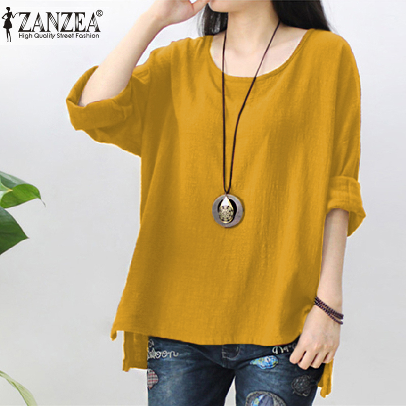 New ZANZEA Autumn Cotton Linen Blouse Women Long Sleeve Split Hem Solid Shirt Casual Loose Work OL Tops Robe Femme Party Blusas