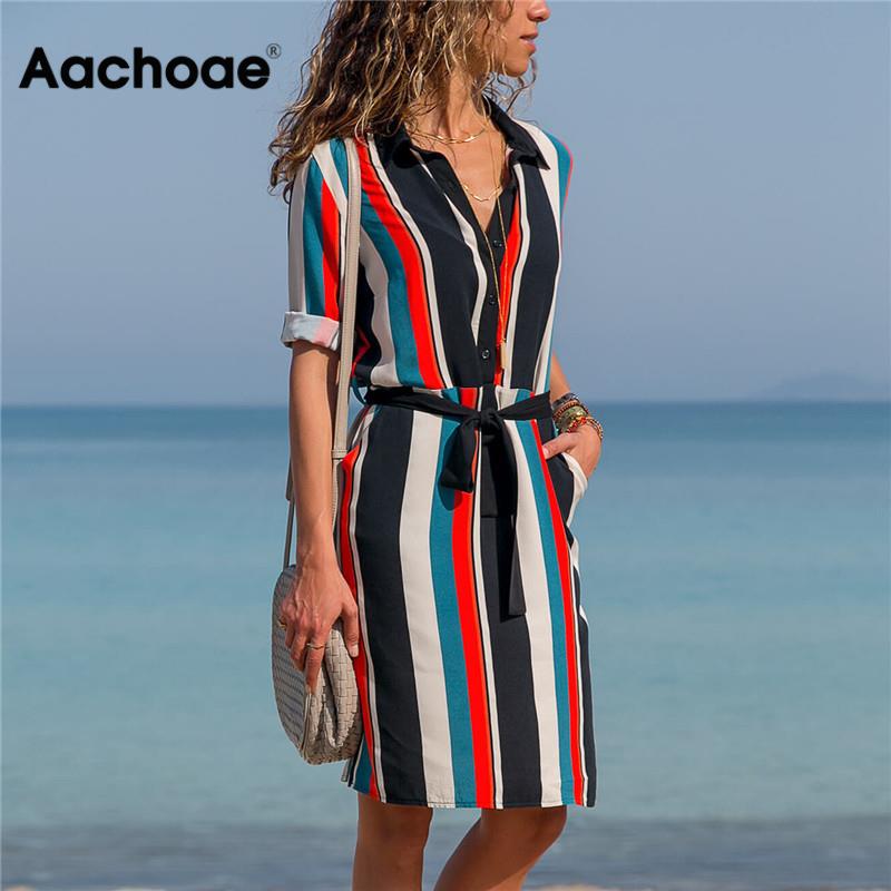 Chiffon Dress 2020 Summer Striped A-line Print Boho Beach Dresses Women Long Sleeve Office Shirt Dress Mini Party Dress Vestidos