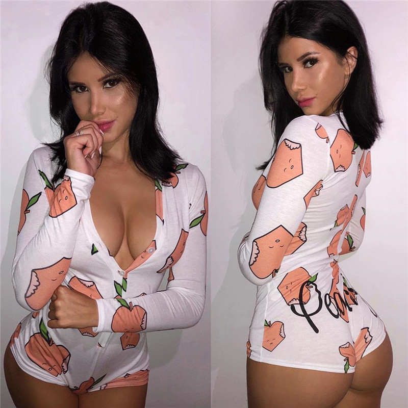 Sexy Women Deep V-neck Bodycon Sleepwear Jumpsuit Bodysuit Shorts Romper Bodysuit Leotard Long Sleeve Print Button Bodysuit New