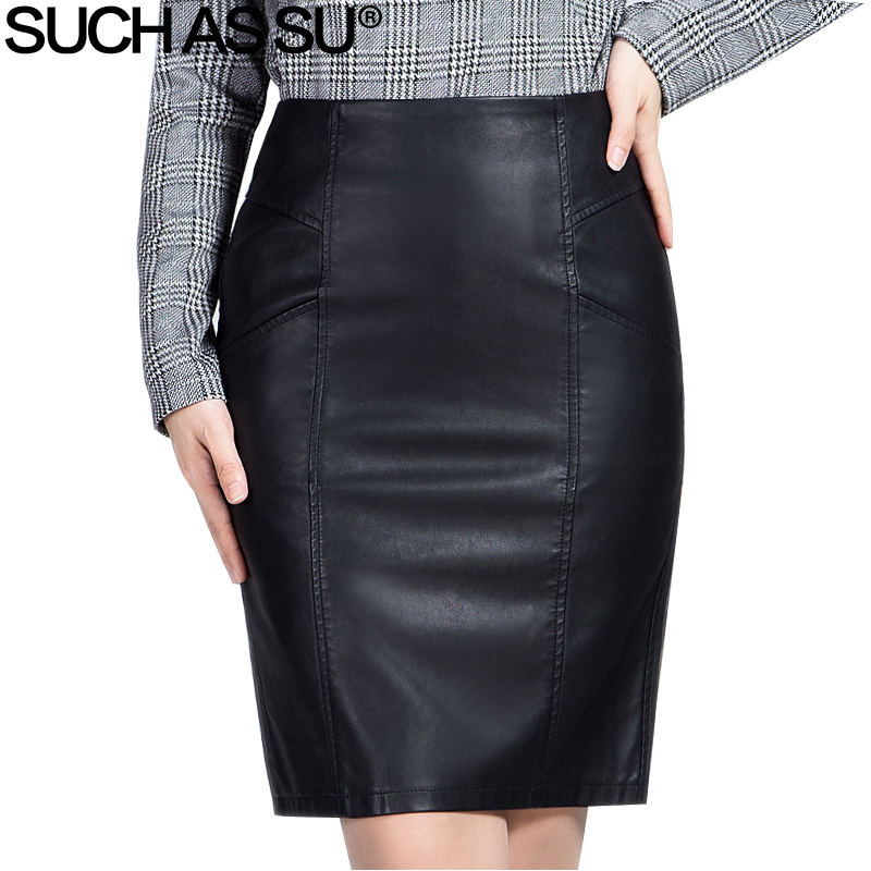 SUCH AS SU New Fashion 2018 Winter PU Leather Skirt Women Black High Waist Occupation Work Pencil Skirt S-3XL Size Autumn Skirt