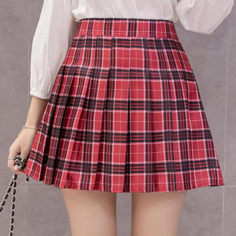 Zuolunouba Summer Women Zipper High Waist Skirt School Girl Faldas Pleated Plaid Skirt Sexy Red Mini Skirt Jupe Femme