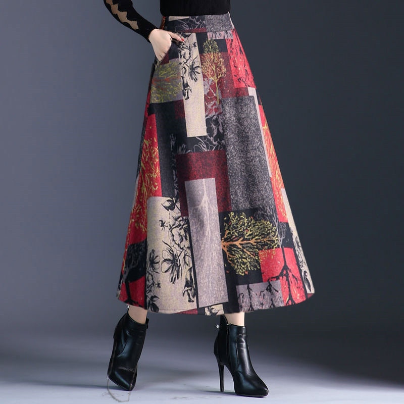 Autumn Winter A-line Long Skirts Womens Maxi Skirt Female High Waist Warm Wool Skirt Elegant Office Lady Printing Plaid Skirt