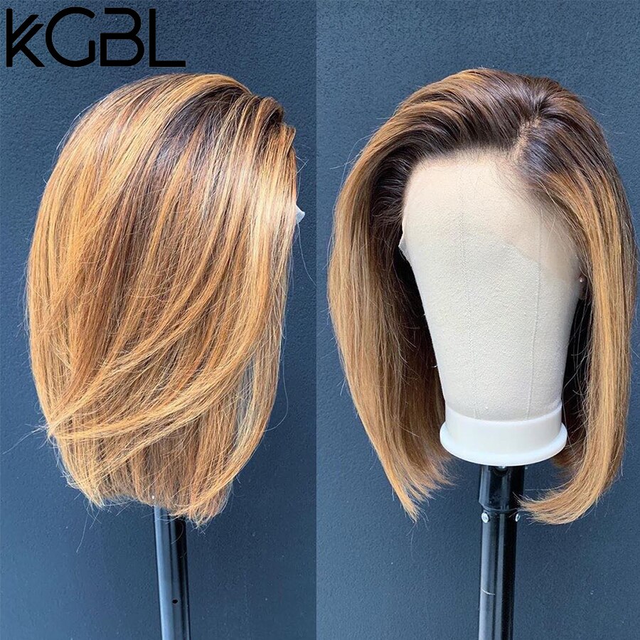 KGBL Short Bob Ombre 4/27 Color 13*4 Lace Front Middle Ratio 8”-16" Human Hair Wigs  Brazilian Non-Remy Hair   Pre-Plucked Wigs